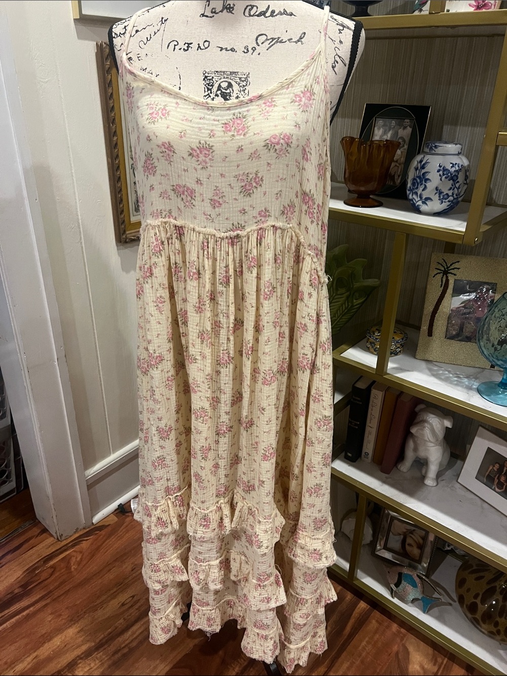 Jaded Gypsy Romantic Cream Oversized Maxi Dress with Pink Floral Print